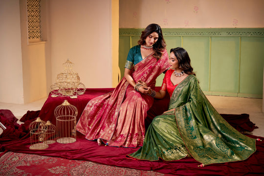 Satin Tissue Woven Design Jacquard Work Saree With Blouse Piece