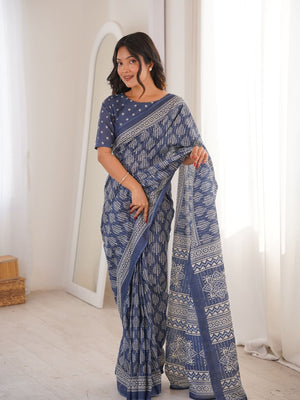 Soft Pure Cotton Hand Bagru Print Sarees With Blouse Pice
