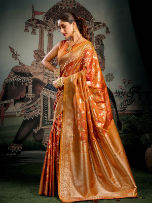 Wine Banarasi Premium Soft Silk With Gold Zari With Zhallar Saree With Blouse Piece