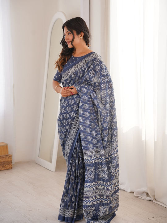 Soft Pure Cotton Hand Bagru Print Sarees With Blouse Pice