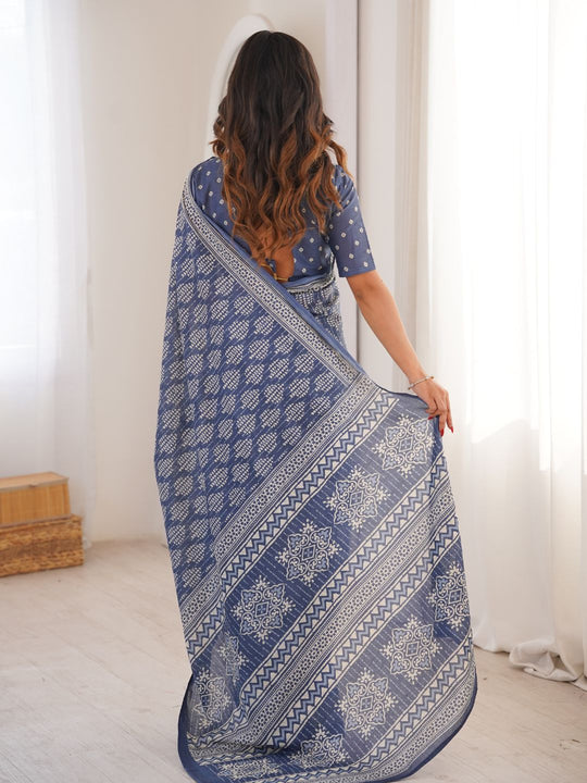 Soft Pure Cotton Hand Bagru Print Sarees With Blouse Pice