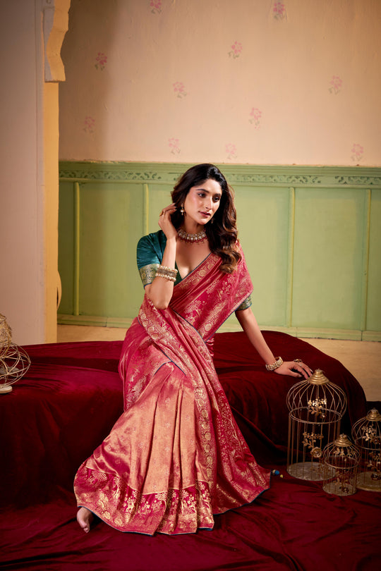 Satin Tissue Woven Design Jacquard Work Saree With Blouse Piece