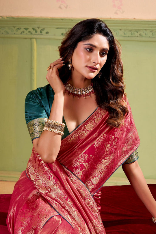 Satin Tissue Woven Design Jacquard Work Saree With Blouse Piece