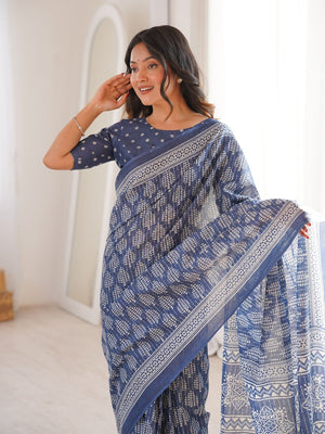 Soft Pure Cotton Hand Bagru Print Sarees With Blouse Pice