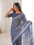 Soft Pure Cotton Hand Bagru Print Sarees With Blouse Pice