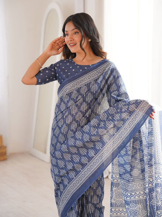 Soft Pure Cotton Hand Bagru Print Sarees With Blouse Pice