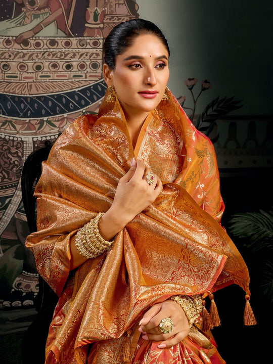 Wine Banarasi Premium Soft Silk With Gold Zari With Zhallar Saree With Blouse Piece
