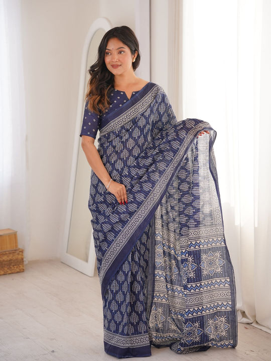 Soft Pure Cotton Hand Bagru Print Sarees With Blouse Pice