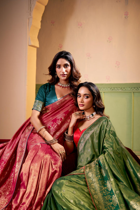 Satin Tissue Woven Design Jacquard Work Saree With Blouse Piece