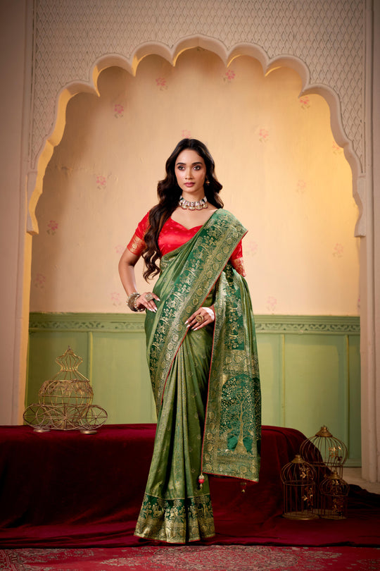 Satin Tissue Woven Design Jacquard Work Saree With Blouse Piece