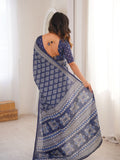 Soft Pure Cotton Hand Bagru Print Sarees With Blouse Pice