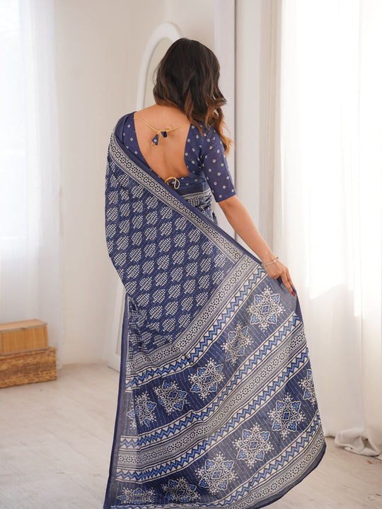 Soft Pure Cotton Hand Bagru Print Sarees With Blouse Pice
