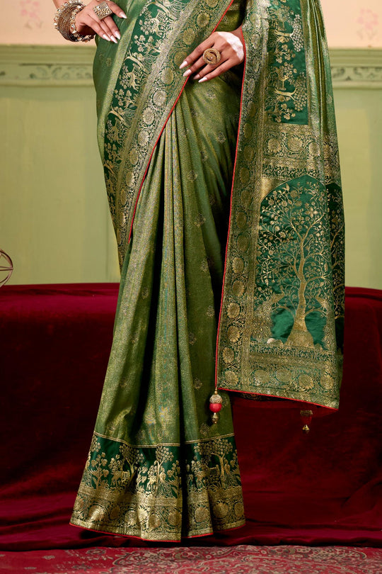Satin Tissue Woven Design Jacquard Work Saree With Blouse Piece