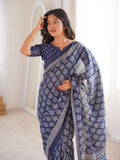 Soft Pure Cotton Hand Bagru Print Sarees With Blouse Pice