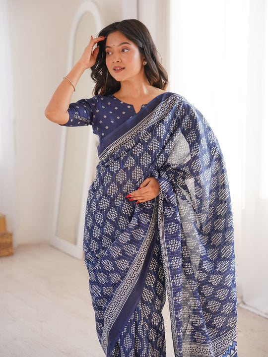 Soft Pure Cotton Hand Bagru Print Sarees With Blouse Pice