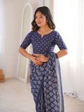 Soft Pure Cotton Hand Bagru Print Sarees With Blouse Pice