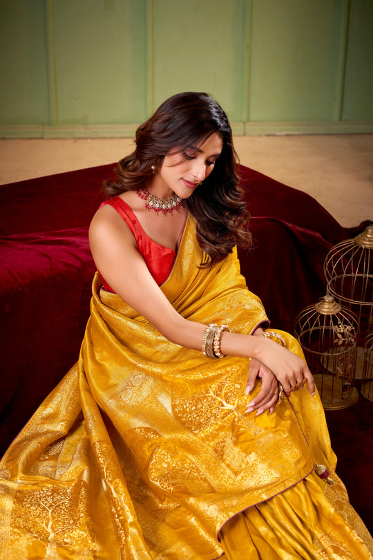 Satin Tissue Woven Design Jacquard Work Saree With Blouse Piece