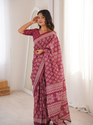 Soft Pure Cotton Hand Bagru Print Sarees With Blouse Pice