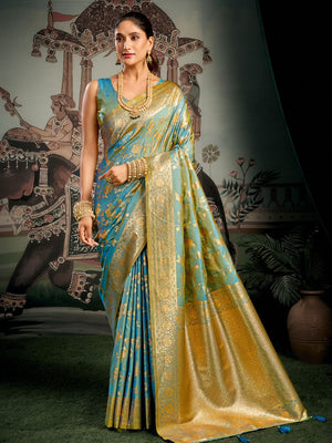 Orange Banarasi Premium Soft Silk With Gold Zari With Zhallar Saree With Blouse Piece