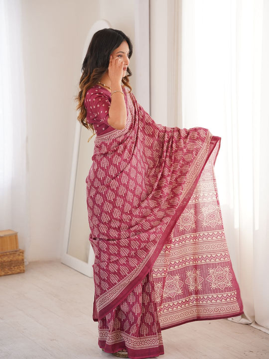 Soft Pure Cotton Hand Bagru Print Sarees With Blouse Pice