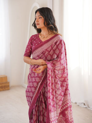 Soft Pure Cotton Hand Bagru Print Sarees With Blouse Pice