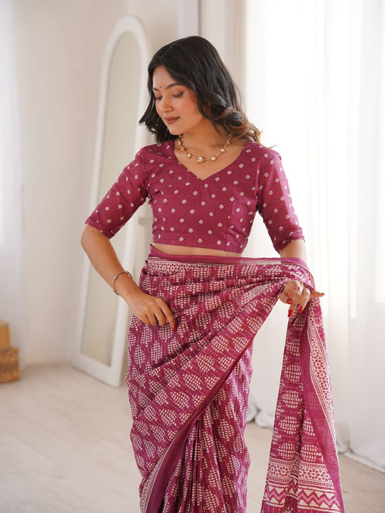 Soft Pure Cotton Hand Bagru Print Sarees With Blouse Pice