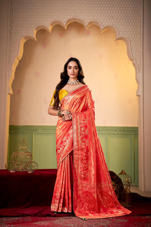 Satin Tissue Woven Design Jacquard Work Saree With Blouse Piece
