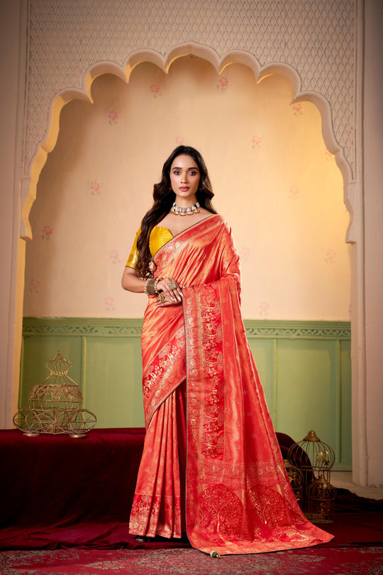 Satin Tissue Woven Design Jacquard Work Saree With Blouse Piece