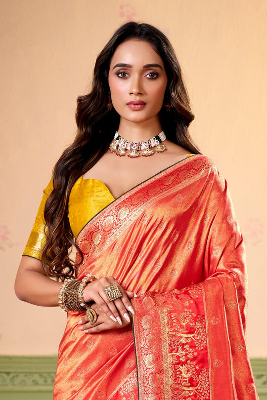 Satin Tissue Woven Design Jacquard Work Saree With Blouse Piece
