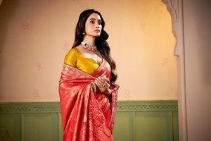 Satin Tissue Woven Design Jacquard Work Saree With Blouse Piece