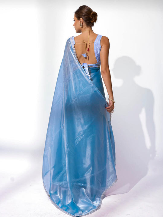 Turquoise Blue Organza Party Wear Saree With Blouse Piece