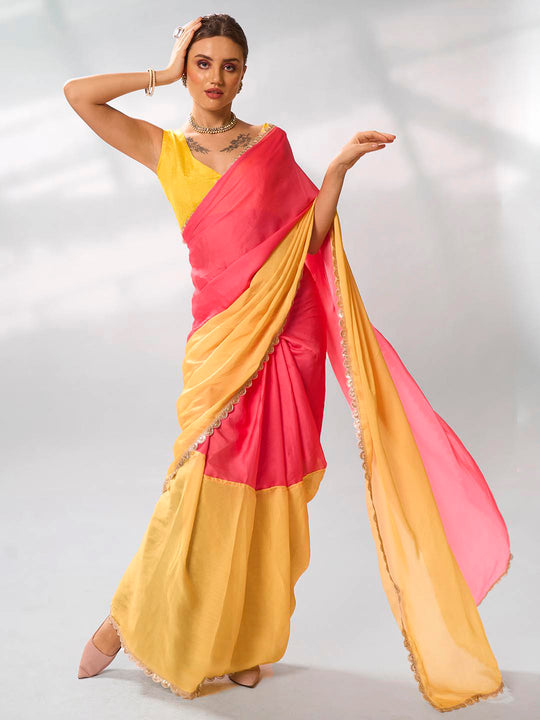 Peach & Yellow Satin Party Wear Saree With Blouse Piece