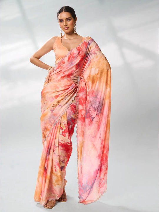 Peach Satin Party Wear Saree With Blouse Piece