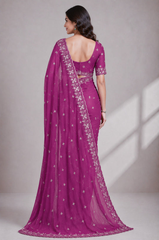Burgundy Embroidered Saree With Blouse Piece