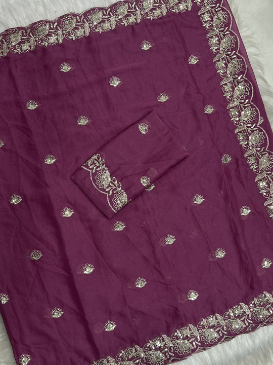 Burgundy Embroidered Saree With Blouse Piece