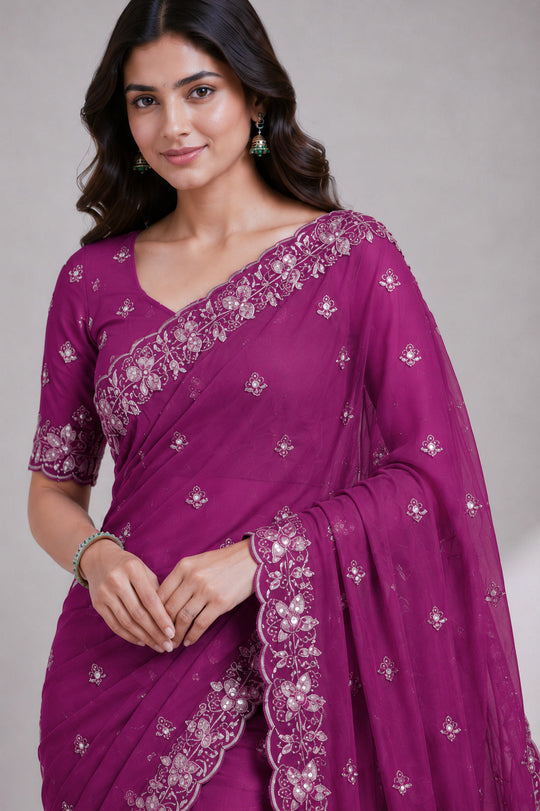 Burgundy Embroidered Saree With Blouse Piece