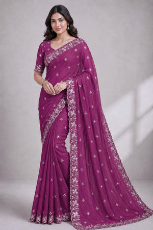 Burgundy Embroidered Saree With Blouse Piece