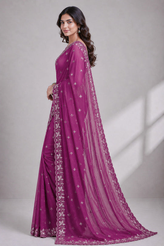 Burgundy Embroidered Saree With Blouse Piece