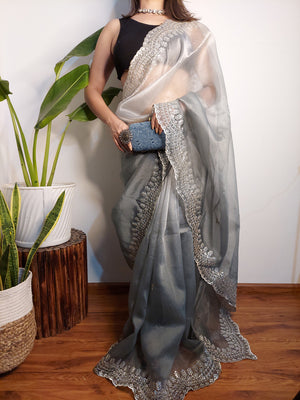 Grey Organza Saree With Blouse Piece