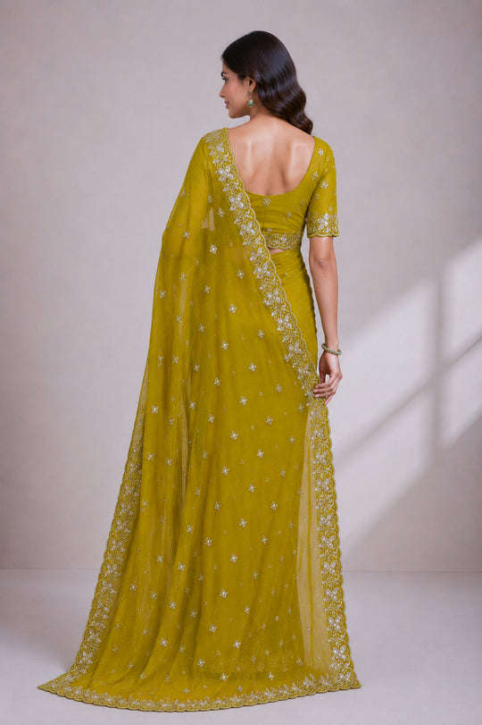 Lime Green Embroidered Saree With Blouse Piece