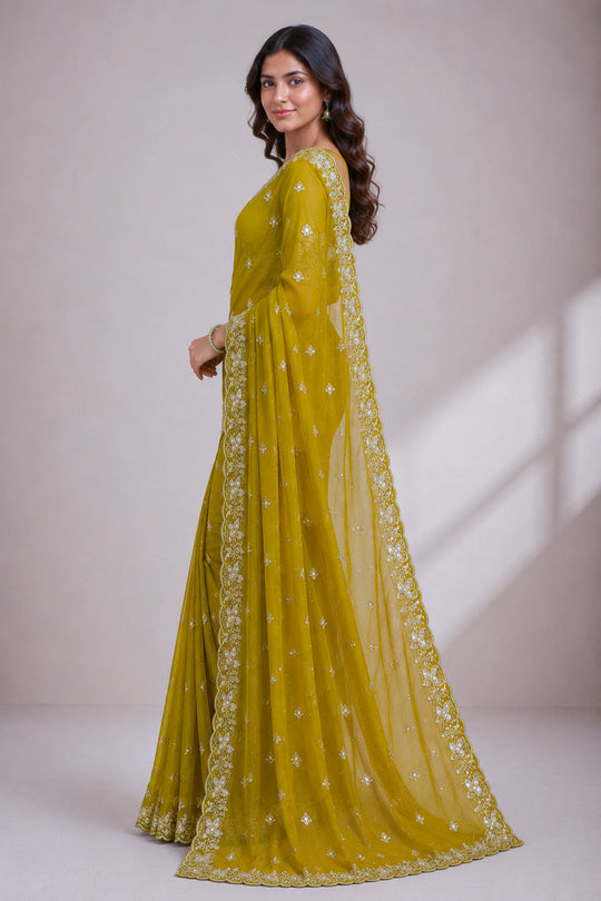 Lime Green Embroidered Saree With Blouse Piece