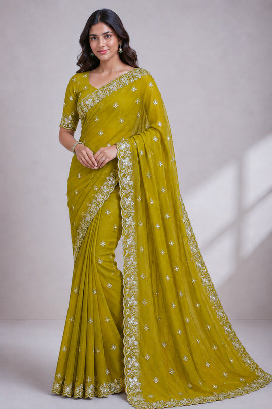 Lime Green Embroidered Saree With Blouse Piece