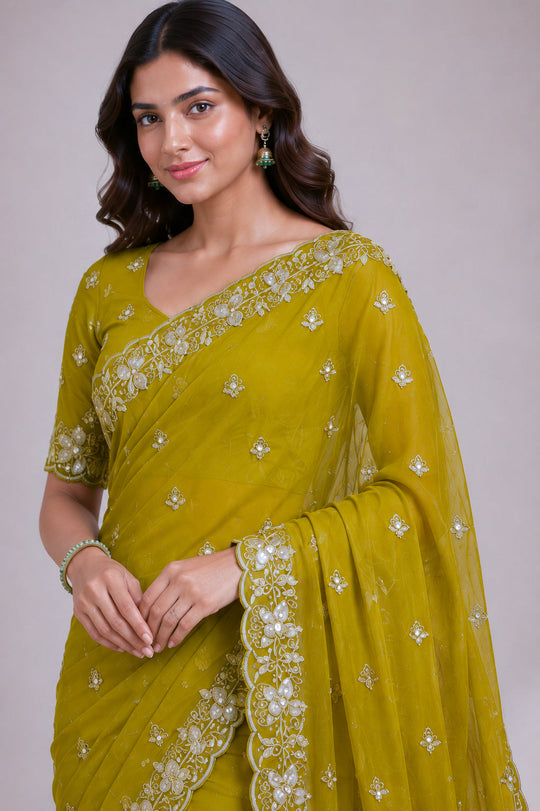 Lime Green Embroidered Saree With Blouse Piece