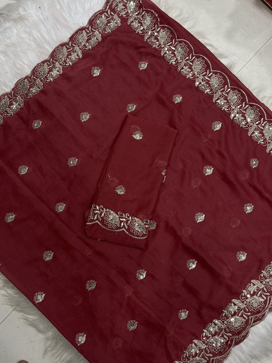 Maroon Embroidered Saree With Blouse Piece