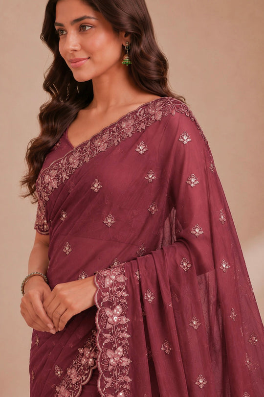 Maroon Embroidered Saree With Blouse Piece