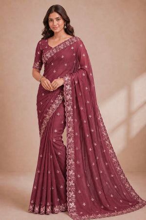 Maroon Embroidered Saree With Blouse Piece