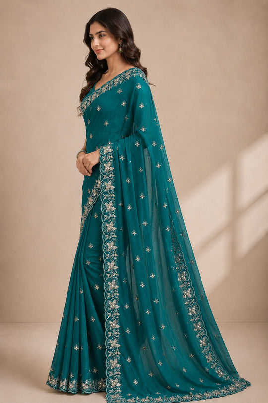 Teal Blue Embroidered Saree With Blouse Piece