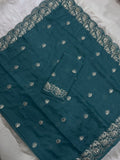 Teal Blue Embroidered Saree With Blouse Piece
