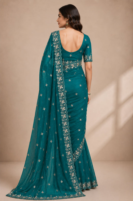 Teal Blue Embroidered Saree With Blouse Piece