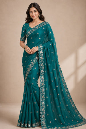 Teal Blue Embroidered Saree With Blouse Piece